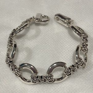Round Open Link Silvertone Filigree Spacer Magnetic Fold Over Clasp Bracelet